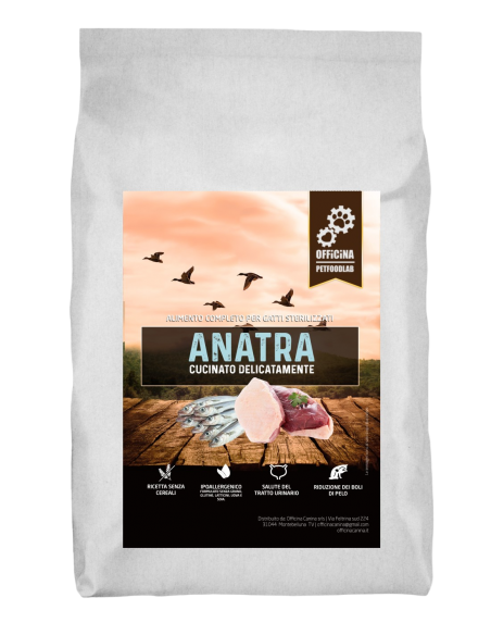 Crocchette grain free per gatto sterilizzato con anatra e sardine.