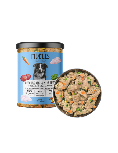 Fidelis Tacchino fresco cotto con patate dolci, piselli e spinaci 400gr