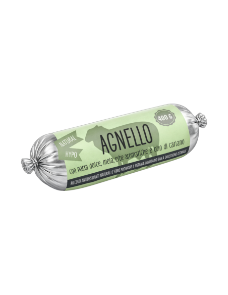 Salsiccia di Agnello con Patata dolce, Mela, Erbe Aromatiche e Olio di Cartamo.