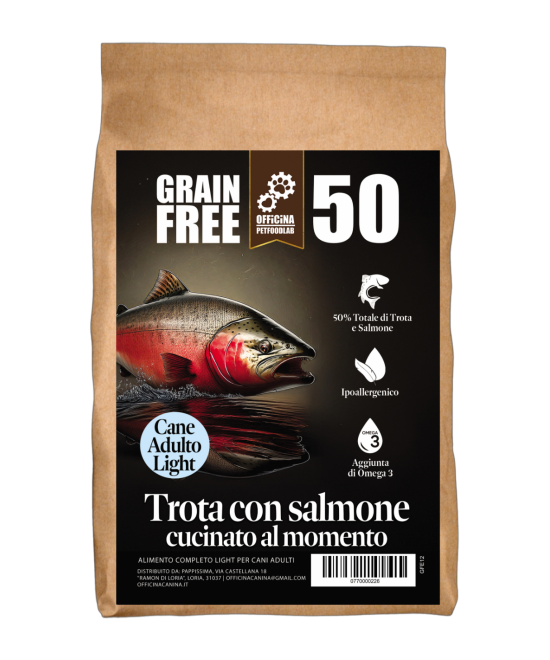 Crocchette Light grain free con Trota e Salmone ipoallergeniche per cani di taglia media.