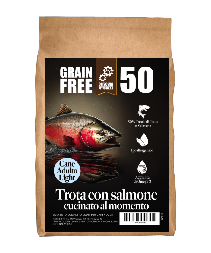 Crocchette Light grain free con Trota e Salmone ipoallergeniche per cani di taglia media.