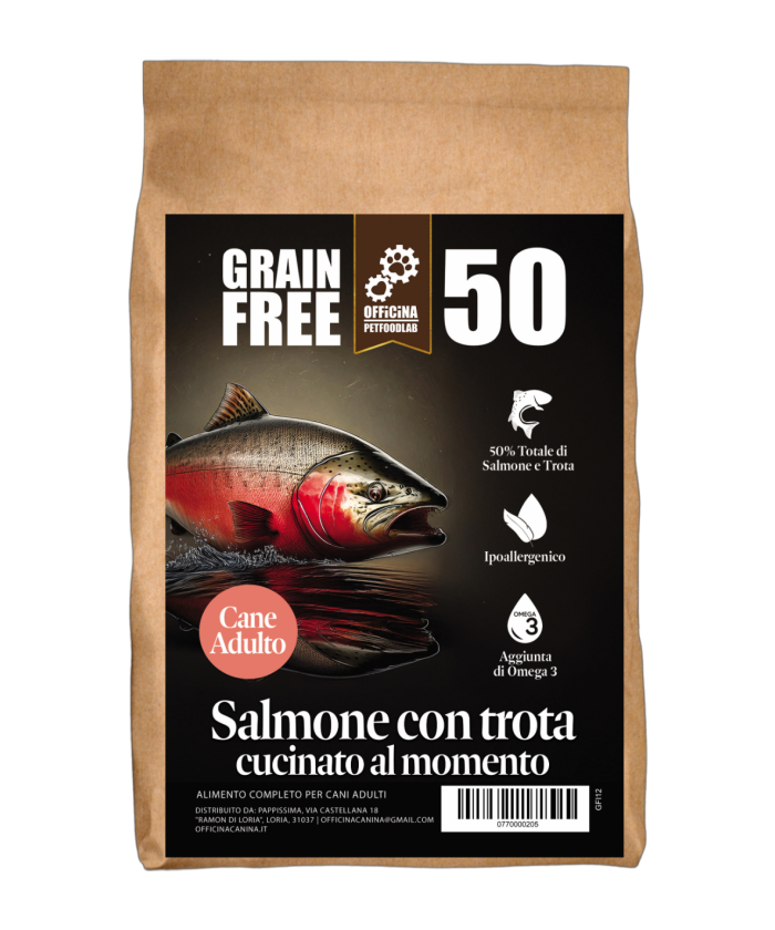 Crocchette grain free al pesce, ipoallergeniche per cani di taglia media.
