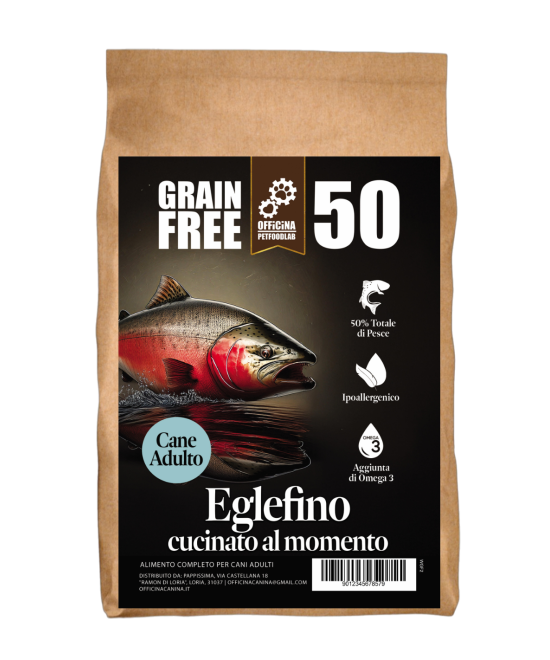 Crocchette grain free al pesce, ipoallergeniche per cani di taglia media.