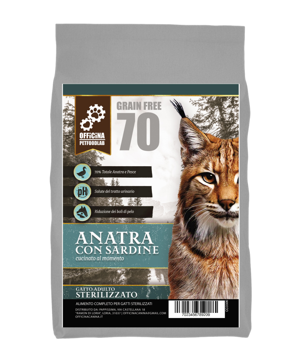 Crocchette grain free per gatto sterilizzato con anatra e sardine.